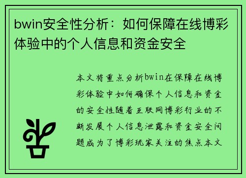 bwin安全性分析：如何保障在线博彩体验中的个人信息和资金安全